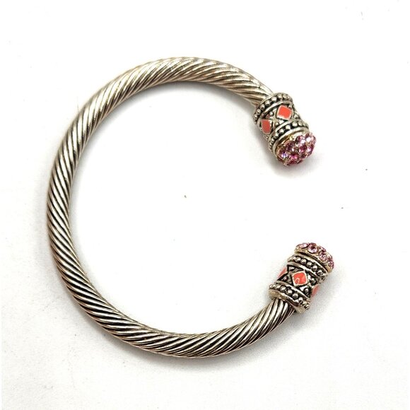 Silver Tone Twist Cuff Bracelet With Pink Rhinestone & Bead Cap - Picture 5 of 5